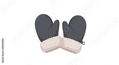 Pair of warm grey mittens with fluffy white fur trim is shown as a cozy and essential winter clothing accessory.
