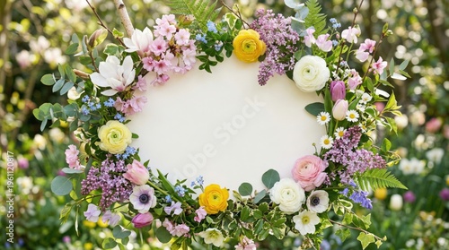 Colorful Floral Wreath with Lush Greenery and White Center