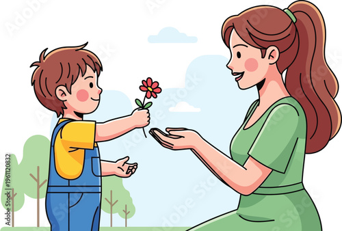 A Young Boy Giving a Flower to a Woman in a Green Dress