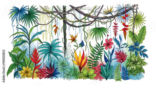 Watercolor tropical jungle border illustration, exotic rainforest plants and flowers banner, botanical garden background for summer design