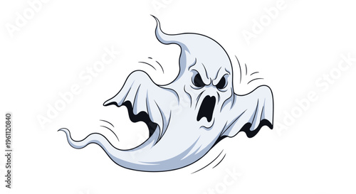 Spooky white ghost with an angry facial expression and flowing tail is shown as a classic Halloween horror character.