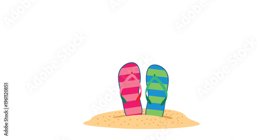 Pair of colorful striped flip-flops standing in a small patch of sand illustrates summer beach fun and relaxation.