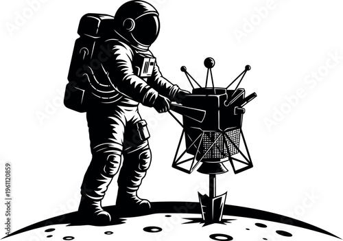 Astronaut adjusting vintage style lunar lander equipment on moon surface
