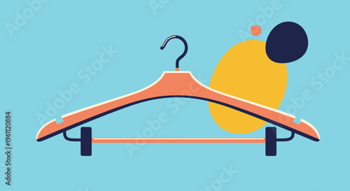 Simple wooden clothes hanger with clips is shown against a colorful abstract background as a clothing storage solution.