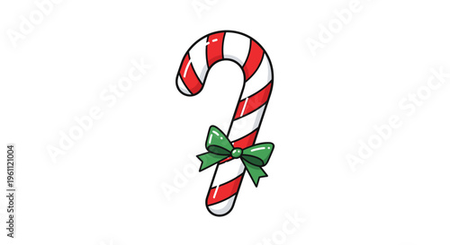 Traditional red and white striped Christmas candy cane decorated with a small green bow isolated on a plain white background.