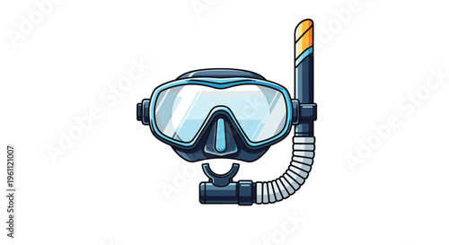 Professional scuba diving mask with a clear lens and a snorkel with an orange tip isolated on white background for marine adventure.