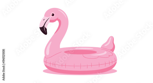 Pink inflatable flamingo pool float for swimming and leisure isolated on white background with a soft shadow for summer fun.