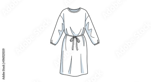 Minimalist illustration of a white long-sleeved dress or medical gown with a simple tie at the waist on a white background.