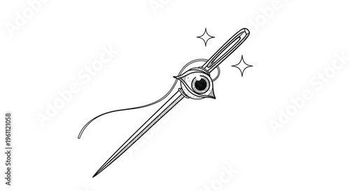 Surreal black and white illustration of a sharp needle or dagger piercing through a large human eye with sparkling stars.