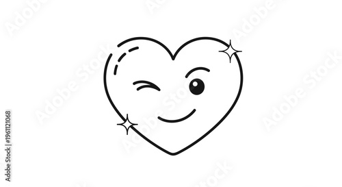 Cute line art illustration of a heart character with a winking eye and a smile decorated with small sparkling stars.