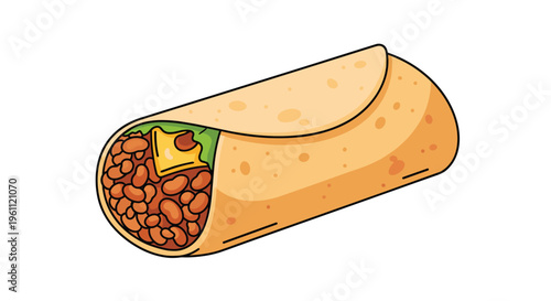 Delicious toasted burrito filled with ground beef beans cheese and green lettuce isolated on white background for food menu.
