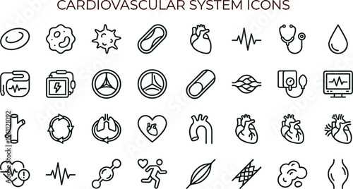 Cardiovascular system medical outline icon set with heart anatomy monitoring vascular diagnostics symbols for healthcare apps interfaces education presentations dashboards