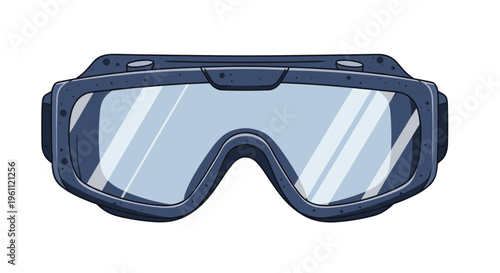 Protective safety goggles or ski mask in dark blue color with a transparent visor and speckled texture on the frame.