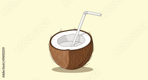 Refreshing coconut drink cut in half with a white straw inserted inside and a soft yellow background for a tropical feel.