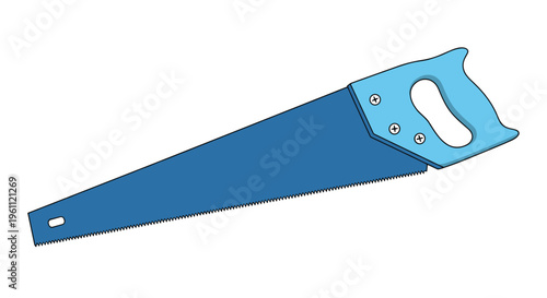 Hand saw tool with a long blue serrated metal blade and a light blue ergonomic handle for woodworking and cutting tasks.