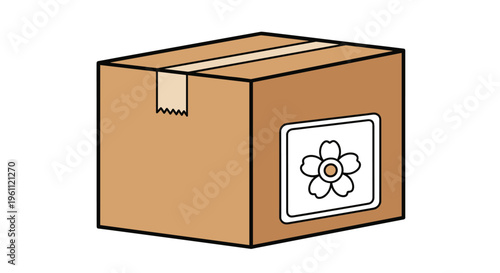 Brown cardboard box for shipping or moving with a decorative flower sticker on the side and sealing tape on the top.