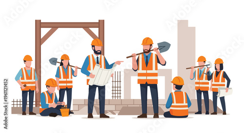 Flat 2D cartoon illustration of professional workers in orange vests and hard hats on labor day, standing and sitting in various poses with construction tools against a cityscape background.