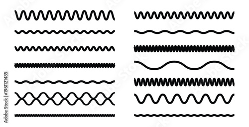 Set of wavy zigzag lines. Wavy and zigzag lines pattern with ripples and squiggly strokes. Wave line and wavy zigzag pattern lines. Vector illustration.