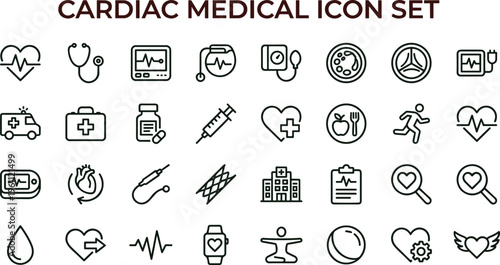 Cardiac medical outline icon set with healthcare monitoring diagnostics hospital equipment emergency symbols for apps interfaces presentations education
