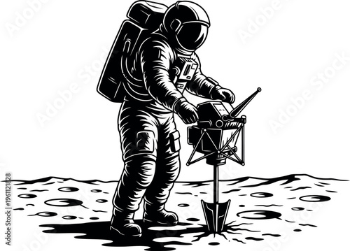 Astronaut Planting Flag On Lunar Surface With Scientific Equipment