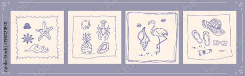 Summer beach postcard, print, or poster templates doodle set with shells, starfish, crab, pineapple, flamingo, flip flops. Hand drawn line art in decorative square frames. Minimal coastal. Vector