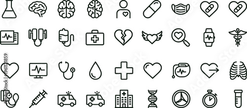 Healthcare medical outline icon set with cardiology diagnostics hospital equipment emergency symbols for apps interfaces presentations education dashboards and infographics