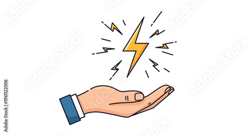 Hand reaching out towards a glowing yellow lightning bolt symbol representing power energy or a sudden bright idea.