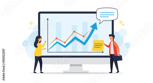 Two business professionals in yellow and red clothes analyzing a rising data trend on a large computer monitor.