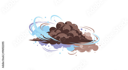 Dark brown storm cloud or dust cloud swirl with blue wind lines and small debris particles on a white background.