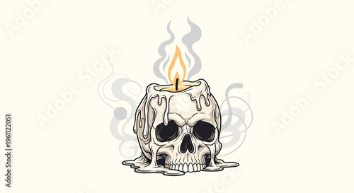 Human skull used as a candle holder with melting wax dripping down the sides and a small flame burning on top.
