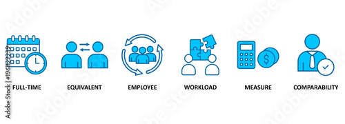 Fte banner web icon vector illustration concept of full time equivalent with icon of full-time, equivalent, employee, workload, measure and comparability 