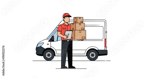 Flat 2D illustration of a professional delivery worker in a red uniform standing beside a white van loaded with cardboard boxes on Labor Day.