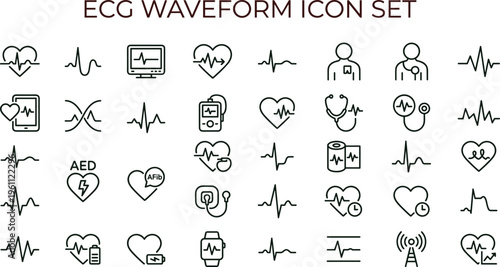 ECG waveform medical line icon set with heartbeat cardiology monitoring healthcare symbols for apps websites interfaces presentations and infographics