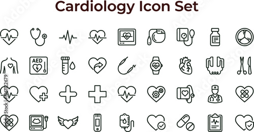 Cardiology medical outline icon set with heart monitoring diagnostics hospital equipment symbols for healthcare apps interfaces presentations dashboards education