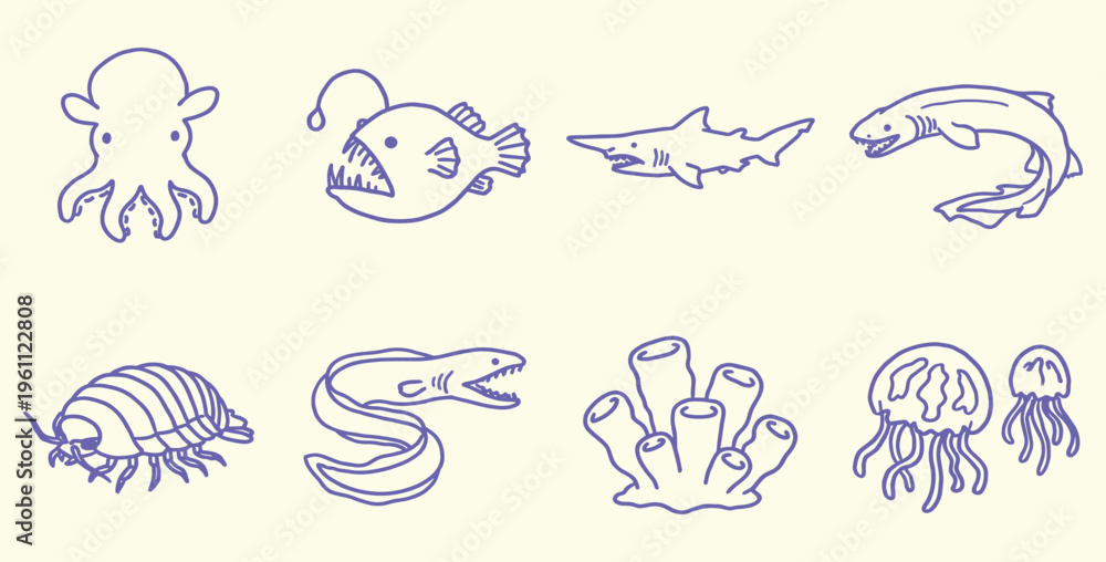 Obraz premium Deep sea creature line icons set, hand drawn marine life vector illustrations, cute ocean animals and coral reef elements