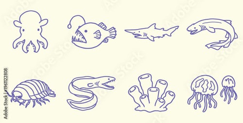 Hand Drawn Sea Creatures Collection: Octopus Anglerfish Shark Eel Isopod Coral Jellyfish | Simple Line Art