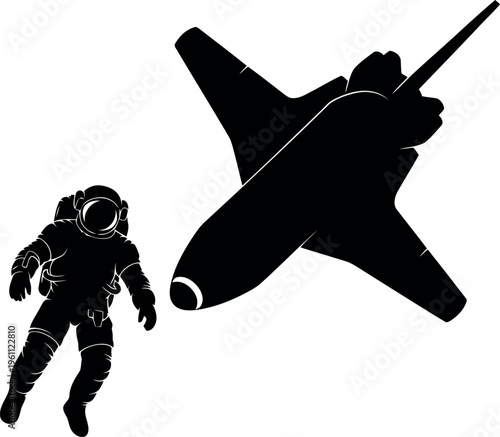 Astronaut in space suit standing next to futuristic spacecraft illustration