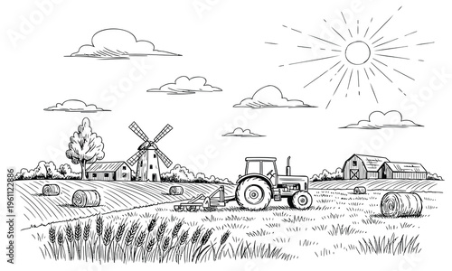 Rural Farm Landscape with Tractor Tilling Field Windmill Barn and Hay Bales Sketch Style