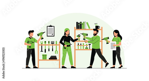 Four individuals, two men and two women, hold power drills in a workshop setting with shelves of tools.