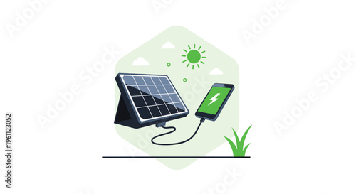 A solar panel on a stand charges a green smartphone with a lightning bolt icon outdoors.
