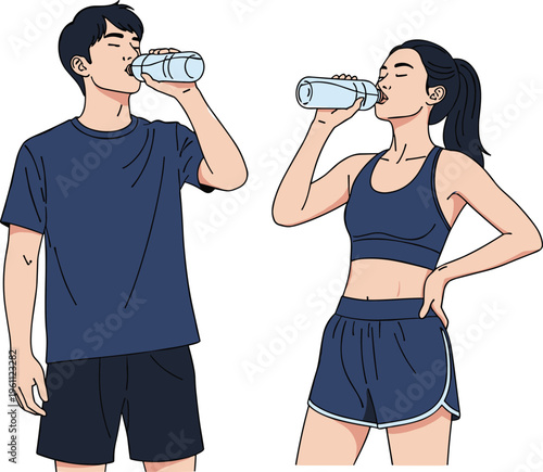 Active man and woman drinking water after workout, healthy lifestyle concept with fitness couple hydrating, sportswear vector illustration isolated on white background