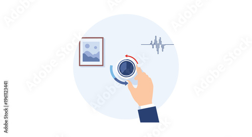 A hand turns a circular dial with red and blue arrows next to a framed picture and a sound wave.