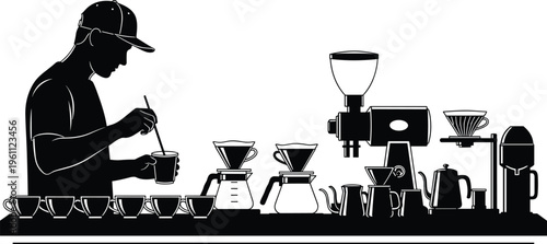 Black and white silhouette vector illustration of barista preparing coffee at counter with cups, pour‑over equipment, grinder, and kettle, artisanal brewing process design.