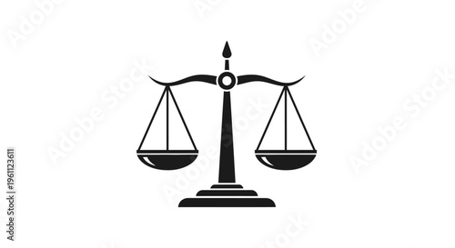 Simple black balance scale icon, symbolizing fairness, weight, and measurement, isolated white background.