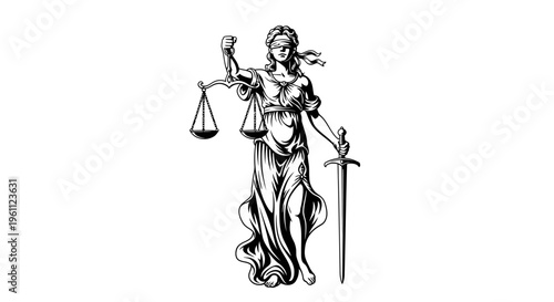 Blindfolded Lady Justice holding scales and sword, symbol of law and fairness, isolated white background.