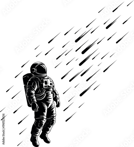 Astronaut floating in space with falling meteorites around isolated