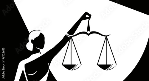 Abstract black and white illustration of a hand holding scales of justice, symbolizing fairness and decision.