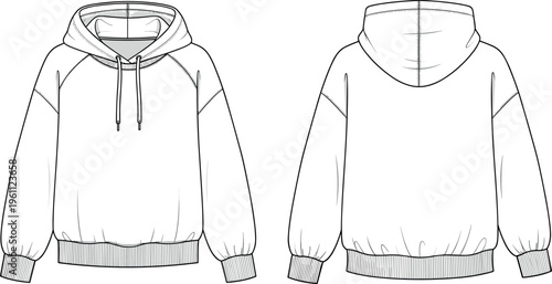 Oversized Women Raglan Hoodie Technical Sketch Vector Illustration Front and Back View Fashion Flat Template for Apparel Design Mockup Blank