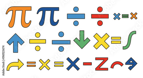Colorful set of mathematical symbols, operations, and directional arrows on a white background.