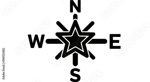 Stylized black compass rose with a star in the center and cardinal directions, isolated white background.